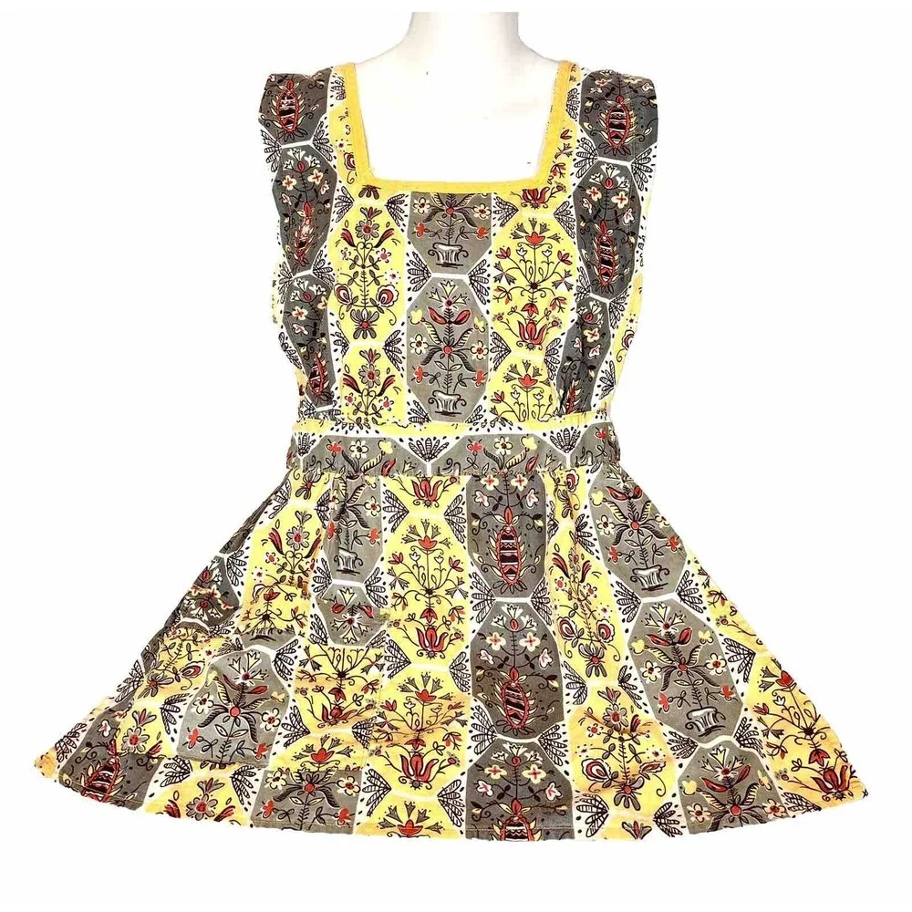 Vintage Women's OOAK Whimsy Cottage Prairie Apron Smock Yellow Handmade